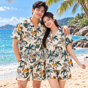 Set Áo Sơ Mi Quần Short Tropical Thơm Dứa Cây Dừa Hoa Sứ Màu Kem Nhạt Đi Biển Nam Nữ