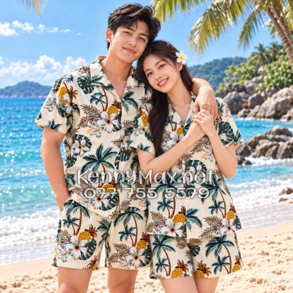 Set Áo Sơ Mi Quần Short Tropical Thơm Dứa Cây Dừa Hoa Sứ Màu Kem Nhạt Đi Biển Nam Nữ