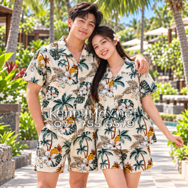 Set Áo Sơ Mi Quần Short Tropical Thơm Dứa Cây Dừa Hoa Sứ Màu Kem Nhạt Đi Biển Nam Nữ