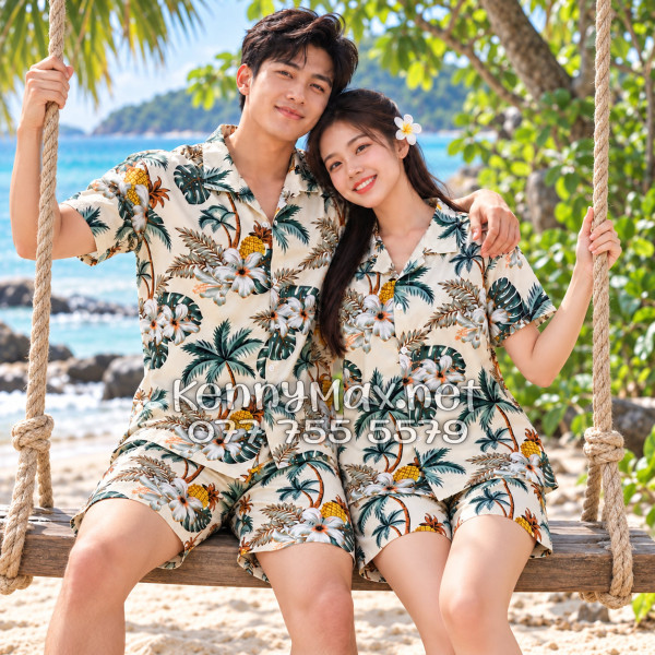 Set Áo Sơ Mi Quần Short Tropical Thơm Dứa Cây Dừa Hoa Sứ Màu Kem Nhạt Đi Biển Nam Nữ