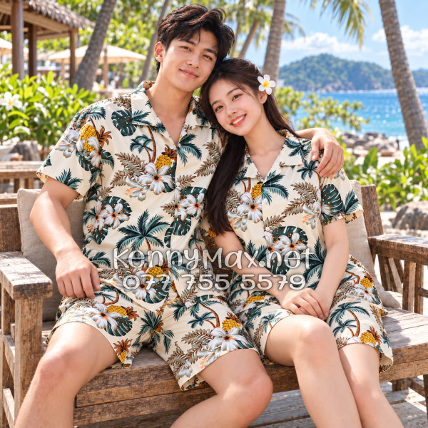 Set Áo Sơ Mi Quần Short Tropical Thơm Dứa Cây Dừa Hoa Sứ Màu Kem Nhạt Đi Biển Nam Nữ
