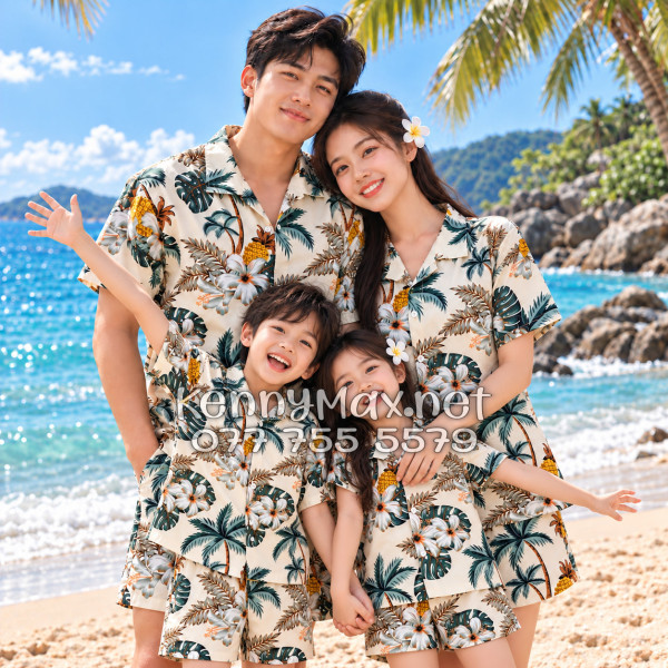 Set Áo Sơ Mi Quần Short Tropical Thơm Dứa Cây Dừa Hoa Sứ Màu Kem Nhạt Đi Biển Nam Nữ