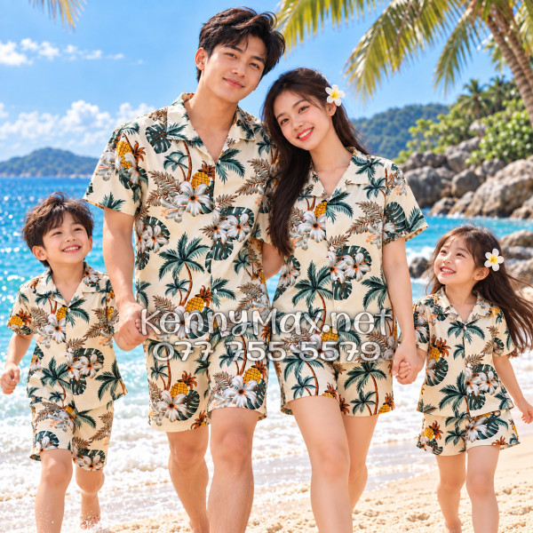 Set Áo Sơ Mi Quần Short Tropical Thơm Dứa Cây Dừa Hoa Sứ Màu Kem Nhạt Đi Biển Nam Nữ