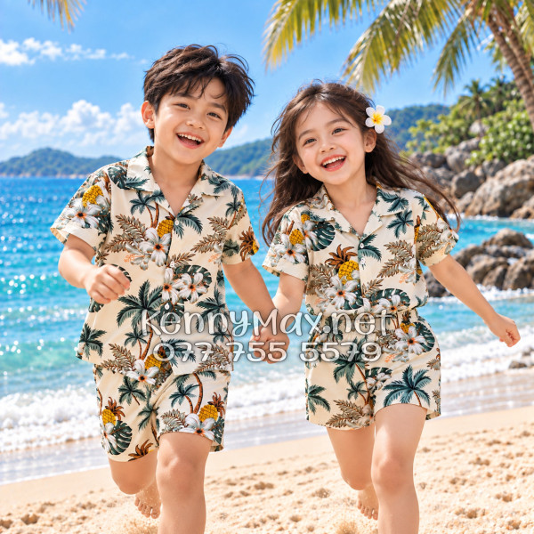Set Áo Sơ Mi Quần Short Tropical Thơm Dứa Cây Dừa Hoa Sứ Màu Kem Nhạt Đi Biển Nam Nữ