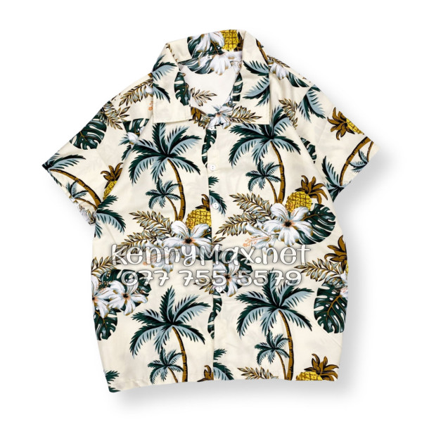 Set Áo Sơ Mi Quần Short Tropical Thơm Dứa Cây Dừa Hoa Sứ Màu Kem Nhạt Đi Biển Nam Nữ