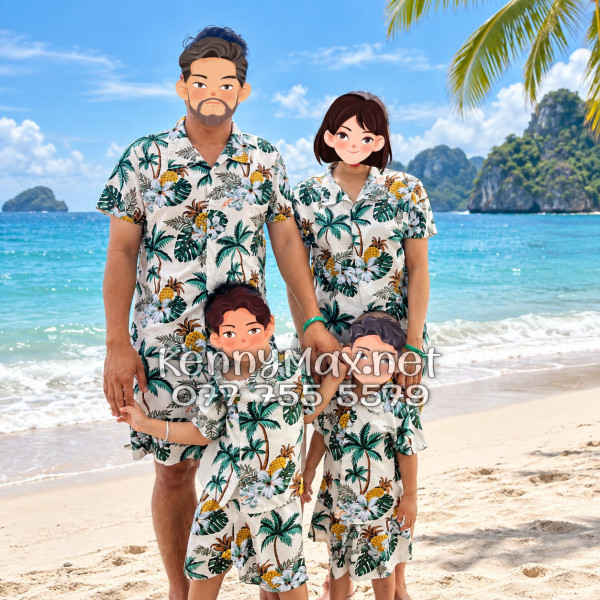 Set Áo Sơ Mi Quần Short Tropical Thơm Dứa Cây Dừa Hoa Sứ Màu Kem Nhạt Đi Biển Nam Nữ