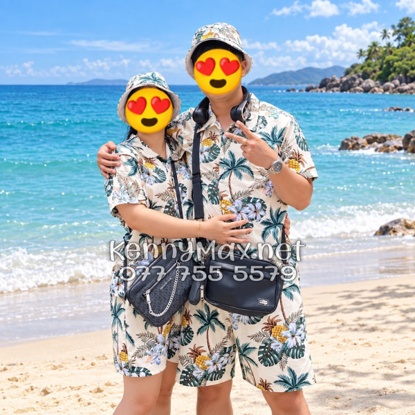 Set Áo Sơ Mi Quần Short Tropical Thơm Dứa Cây Dừa Hoa Sứ Màu Kem Nhạt Đi Biển Nam Nữ