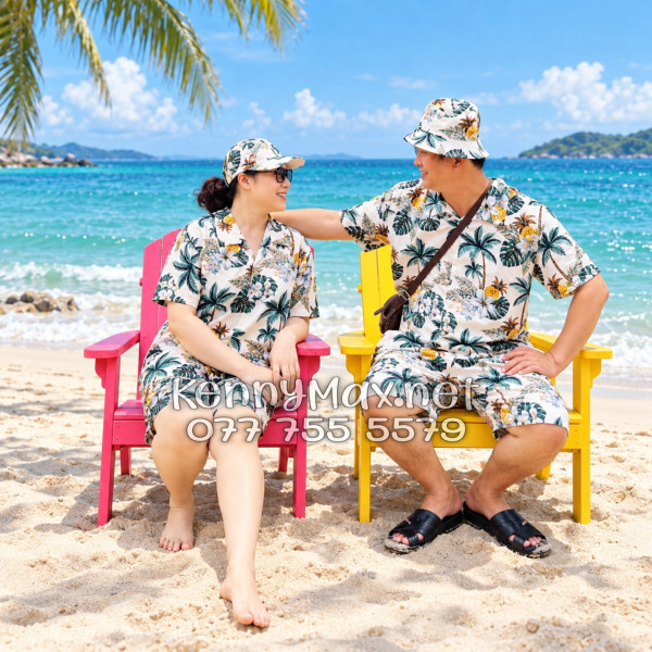 Set Áo Sơ Mi Quần Short Tropical Thơm Dứa Cây Dừa Hoa Sứ Màu Kem Nhạt Đi Biển Nam Nữ