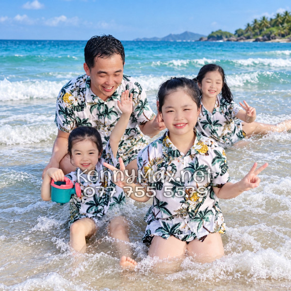 Set Áo Sơ Mi Quần Short Tropical Thơm Dứa Cây Dừa Hoa Sứ Màu Kem Nhạt Đi Biển Nam Nữ