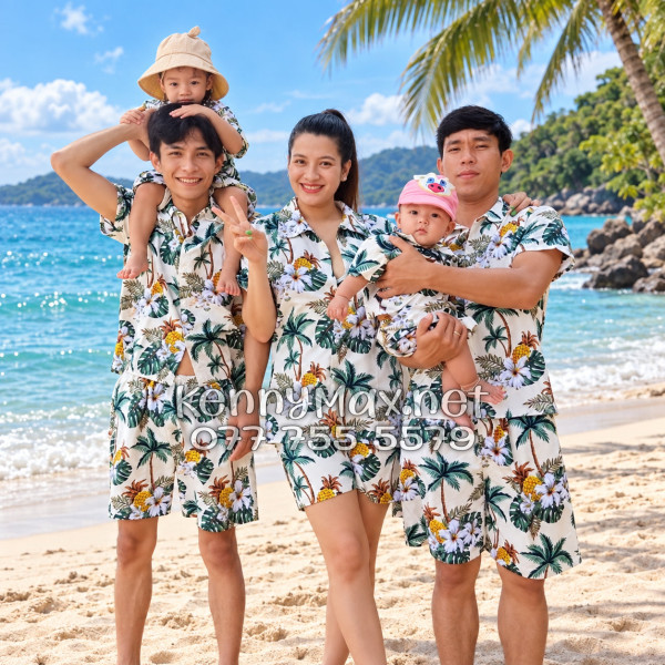 Set Áo Sơ Mi Quần Short Tropical Thơm Dứa Cây Dừa Hoa Sứ Màu Kem Nhạt Đi Biển Nam Nữ