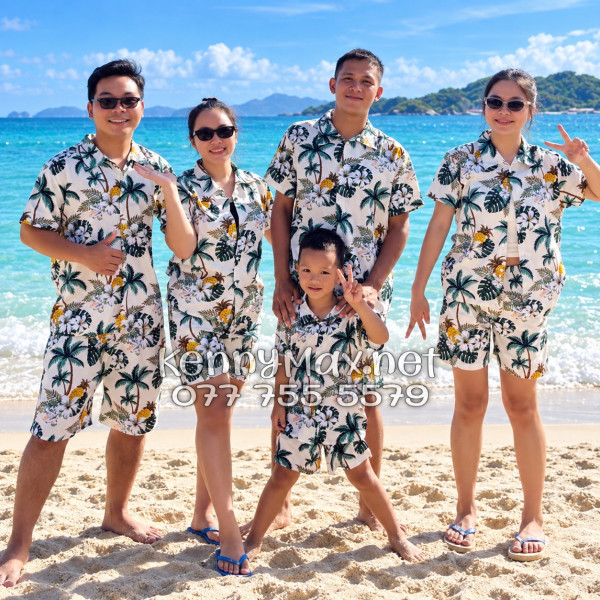 Set Áo Sơ Mi Quần Short Tropical Thơm Dứa Cây Dừa Hoa Sứ Màu Kem Nhạt Đi Biển Nam Nữ
