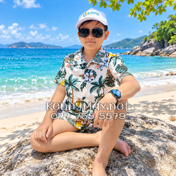 Set Áo Sơ Mi Quần Short Tropical Thơm Dứa Cây Dừa Hoa Sứ Màu Kem Nhạt Đi Biển Nam Nữ