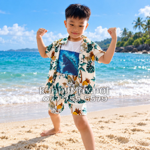 Set Áo Sơ Mi Quần Short Tropical Thơm Dứa Cây Dừa Hoa Sứ Màu Kem Nhạt Đi Biển Nam Nữ