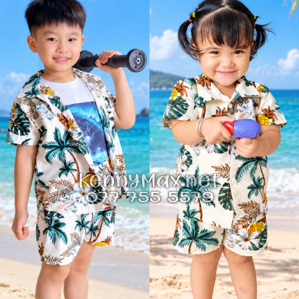 Set Áo Sơ Mi Quần Short Tropical Thơm Dứa Cây Dừa Hoa Sứ Màu Kem Nhạt Đi Biển Nam Nữ