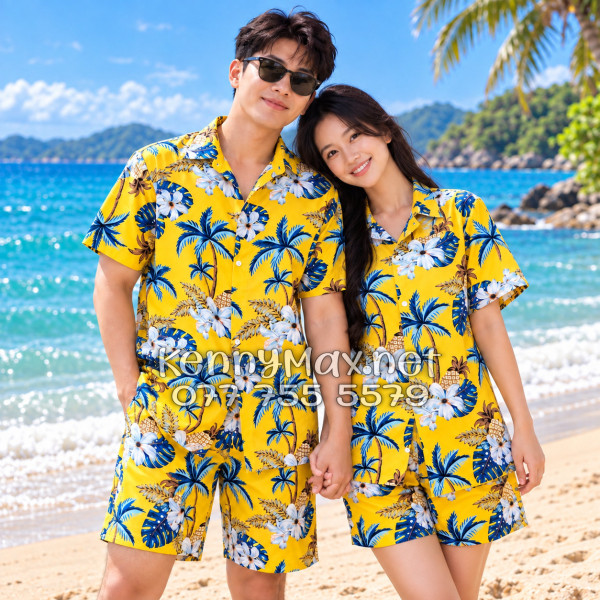 Bộ Áo Sơ Mi Quần Short Đi Biển Họa Tiết Thơm Dứa Cây Dừa Hoa Sứ Vàng Nam Nữ