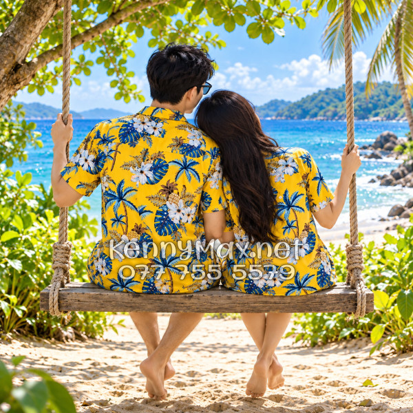 Bộ Áo Sơ Mi Quần Short Đi Biển Họa Tiết Thơm Dứa Cây Dừa Hoa Sứ Vàng Nam Nữ