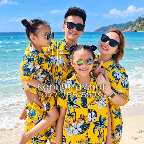 Bộ Áo Sơ Mi Quần Short Đi Biển Họa Tiết Thơm Dứa Cây Dừa Hoa Sứ Vàng Nam Nữ