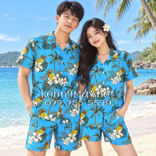 Set Áo Sơ Mi Quần Short Tropical Thơm Dứa Cây Dừa Hoa Sứ Xanh Đi Biển Nam Nữ