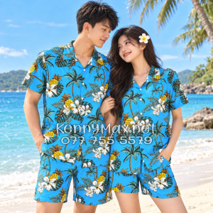 Set Áo Sơ Mi Quần Short Tropical Thơm Dứa Cây Dừa Hoa Sứ Xanh Đi Biển Nam Nữ