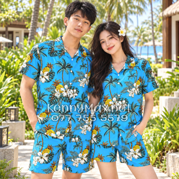 Set Áo Sơ Mi Quần Short Tropical Thơm Dứa Cây Dừa Hoa Sứ Xanh Đi Biển Nam Nữ