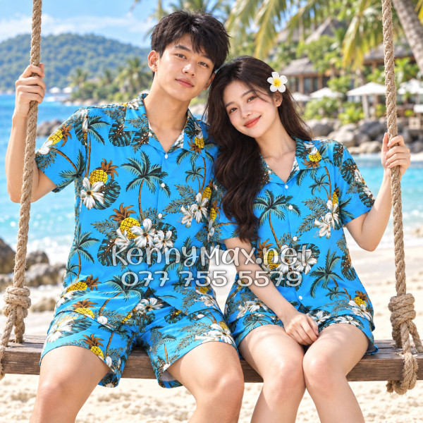 Set Áo Sơ Mi Quần Short Tropical Thơm Dứa Cây Dừa Hoa Sứ Xanh Đi Biển Nam Nữ