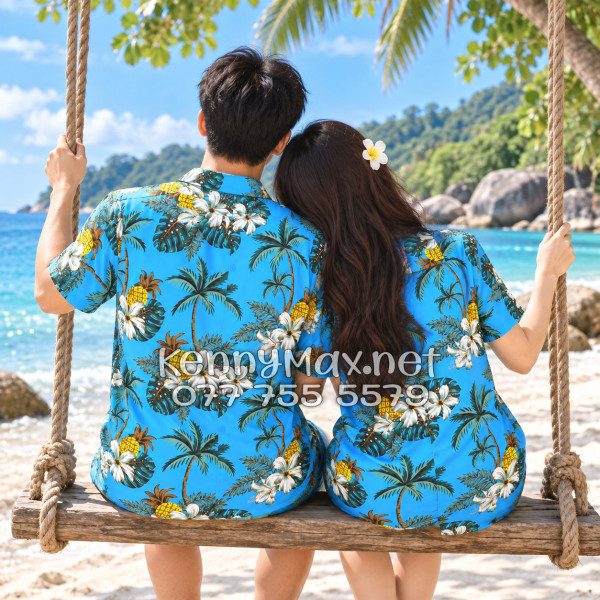 Set Áo Sơ Mi Quần Short Tropical Thơm Dứa Cây Dừa Hoa Sứ Xanh Đi Biển Nam Nữ
