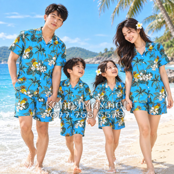 Set Áo Sơ Mi Quần Short Tropical Thơm Dứa Cây Dừa Hoa Sứ Xanh Đi Biển Nam Nữ