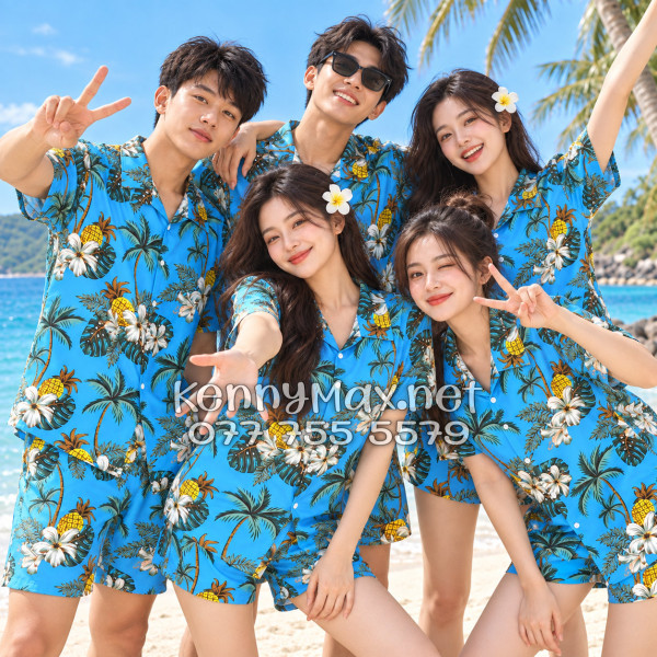 Set Áo Sơ Mi Quần Short Tropical Thơm Dứa Cây Dừa Hoa Sứ Xanh Đi Biển Nam Nữ