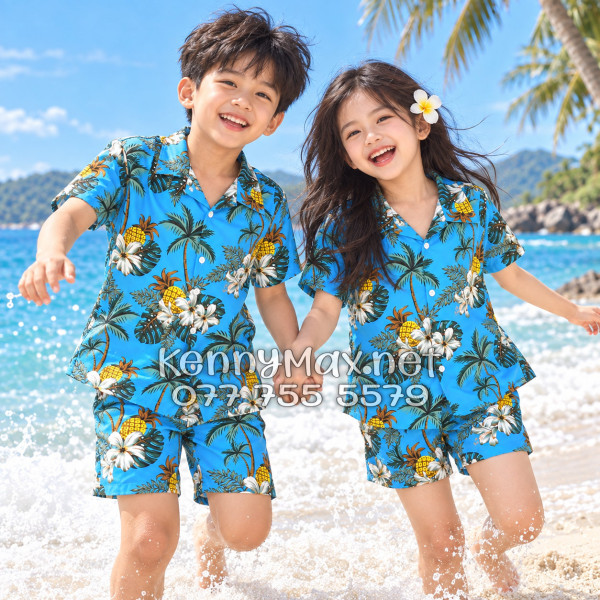 Set Áo Sơ Mi Quần Short Tropical Thơm Dứa Cây Dừa Hoa Sứ Xanh Đi Biển Nam Nữ