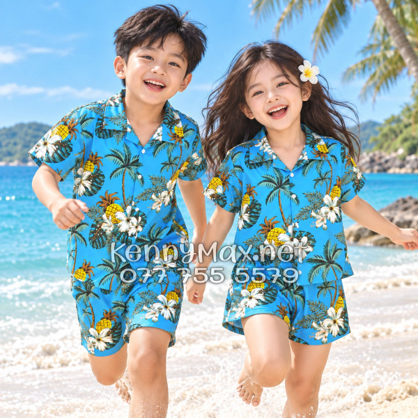 Set Áo Sơ Mi Quần Short Tropical Thơm Dứa Cây Dừa Hoa Sứ Xanh Đi Biển Nam Nữ