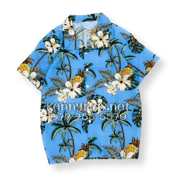 Set Áo Sơ Mi Quần Short Tropical Thơm Dứa Cây Dừa Hoa Sứ Xanh Đi Biển Nam Nữ