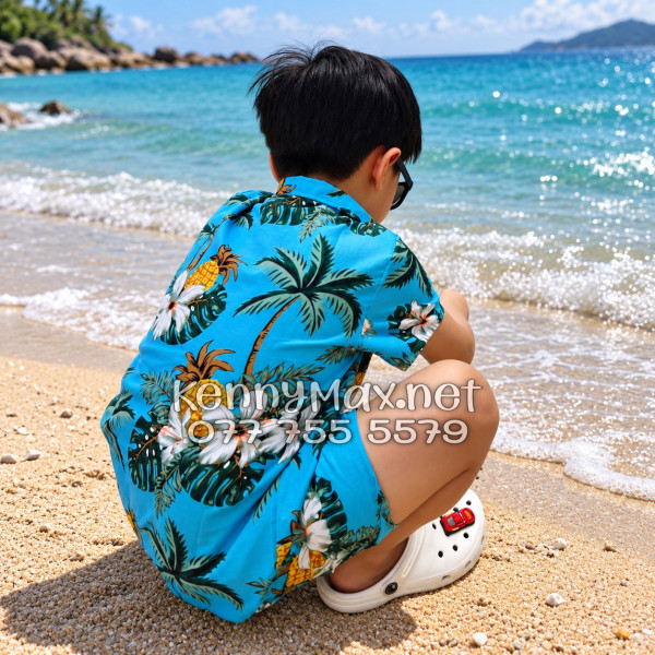 Set Áo Sơ Mi Quần Short Tropical Thơm Dứa Cây Dừa Hoa Sứ Xanh Đi Biển Nam Nữ