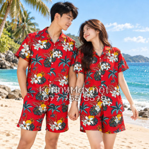 Set Áo Sơ Mi Quần Short Tropical Thơm Dứa Cây Dừa Hoa Sứ Đỏ Đi Biển Nam Nữ