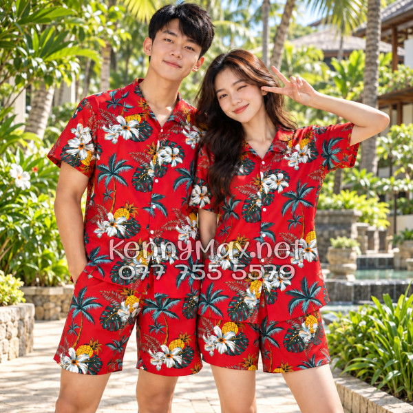 Set Áo Sơ Mi Quần Short Tropical Thơm Dứa Cây Dừa Hoa Sứ Đỏ Đi Biển Nam Nữ