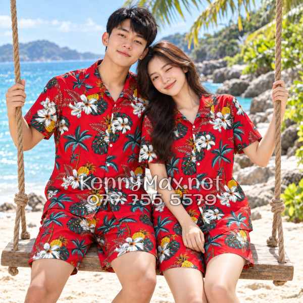 Set Áo Sơ Mi Quần Short Tropical Thơm Dứa Cây Dừa Hoa Sứ Đỏ Đi Biển Nam Nữ