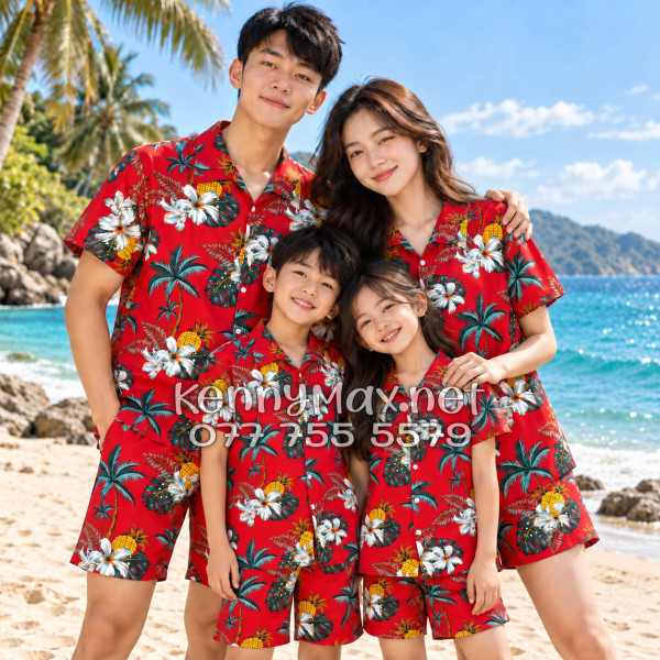Set Áo Sơ Mi Quần Short Tropical Thơm Dứa Cây Dừa Hoa Sứ Đỏ Đi Biển Nam Nữ