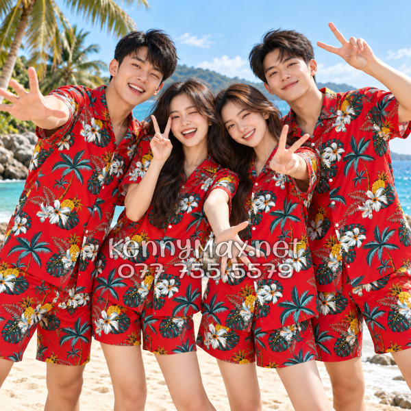 Set Áo Sơ Mi Quần Short Tropical Thơm Dứa Cây Dừa Hoa Sứ Đỏ Đi Biển Nam Nữ