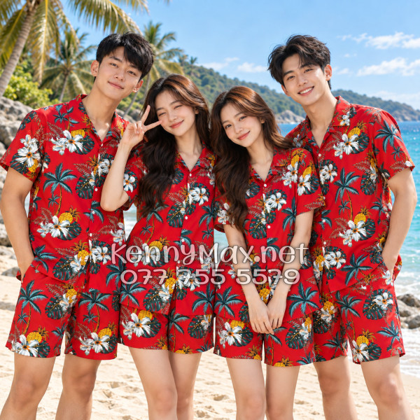 Set Áo Sơ Mi Quần Short Tropical Thơm Dứa Cây Dừa Hoa Sứ Đỏ Đi Biển Nam Nữ