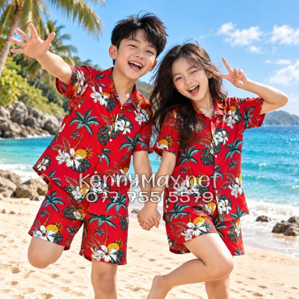 Set Áo Sơ Mi Quần Short Tropical Thơm Dứa Cây Dừa Hoa Sứ Đỏ Đi Biển Nam Nữ