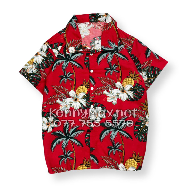 Set Áo Sơ Mi Quần Short Tropical Thơm Dứa Cây Dừa Hoa Sứ Đỏ Đi Biển Nam Nữ