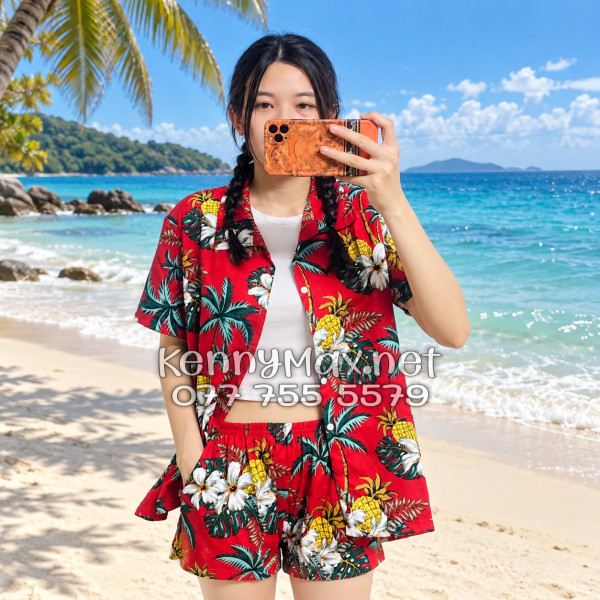 Set Áo Sơ Mi Quần Short Tropical Thơm Dứa Cây Dừa Hoa Sứ Đỏ Đi Biển Nam Nữ