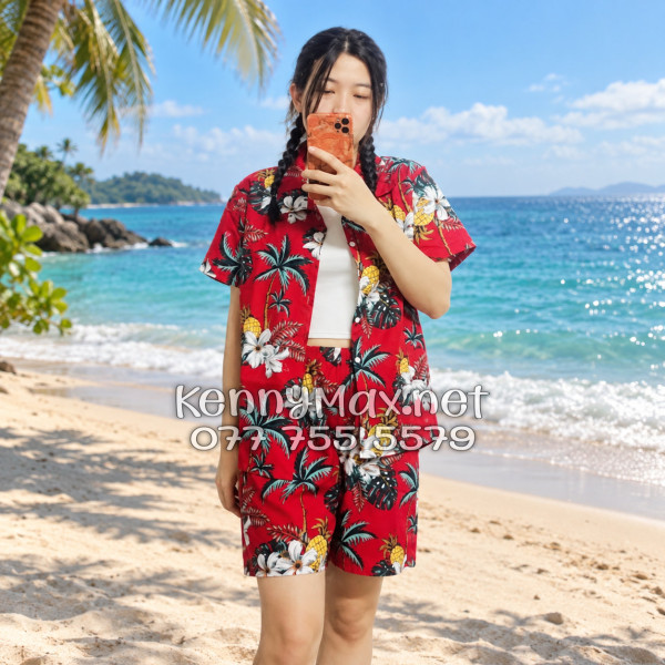 Set Áo Sơ Mi Quần Short Tropical Thơm Dứa Cây Dừa Hoa Sứ Đỏ Đi Biển Nam Nữ