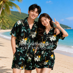 Set Áo Sơ Mi Quần Short Tropical Thơm Dứa Cây Dừa Hoa Sứ Đen Đi Biển Nam Nữ