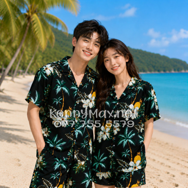 Set Áo Sơ Mi Quần Short Tropical Thơm Dứa Cây Dừa Hoa Sứ Đen Đi Biển Nam Nữ