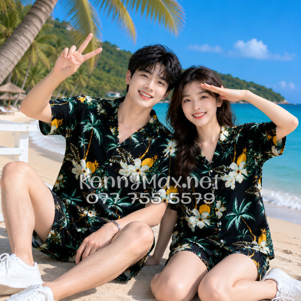 Set Áo Sơ Mi Quần Short Tropical Thơm Dứa Cây Dừa Hoa Sứ Đen Đi Biển Nam Nữ