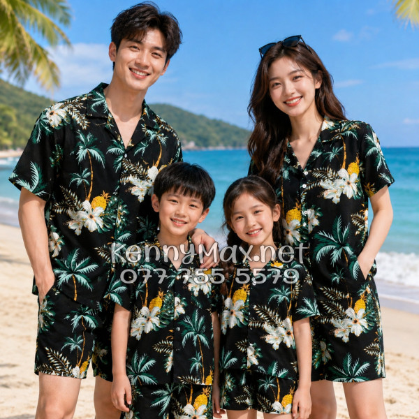 Set Áo Sơ Mi Quần Short Tropical Thơm Dứa Cây Dừa Hoa Sứ Đen Đi Biển Nam Nữ