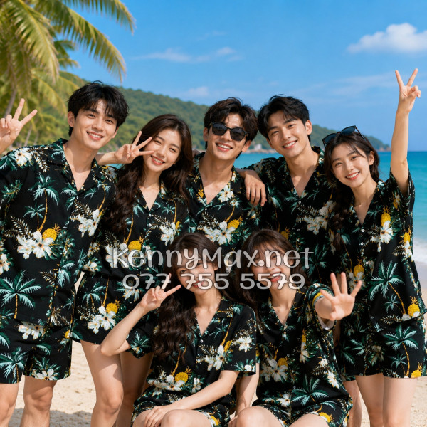 Set Áo Sơ Mi Quần Short Tropical Thơm Dứa Cây Dừa Hoa Sứ Đen Đi Biển Nam Nữ