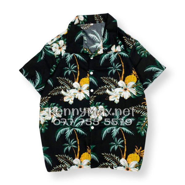 Set Áo Sơ Mi Quần Short Tropical Thơm Dứa Cây Dừa Hoa Sứ Đen Đi Biển Nam Nữ