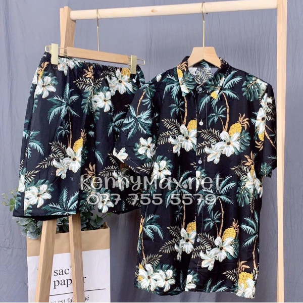 Set Áo Sơ Mi Quần Short Tropical Thơm Dứa Cây Dừa Hoa Sứ Đen Đi Biển Nam Nữ