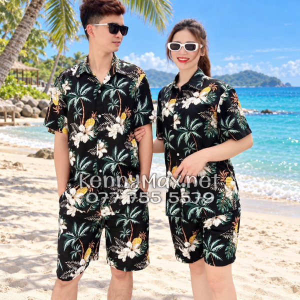 Set Áo Sơ Mi Quần Short Tropical Thơm Dứa Cây Dừa Hoa Sứ Đen Đi Biển Nam Nữ